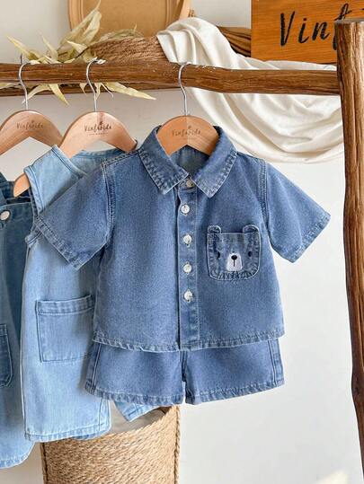 SHEIN Vintaside Kids 男童纯色休闲短袖牛仔上衣和短裤套装