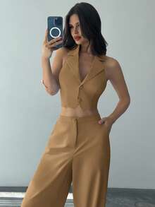 Firerie Women's Elegant Romantic Fashion Commuter Sexy Graceful Style Halter Backless Gray Blue 2-Piece Set, Suitable For Party, Beach Vacation, Back To School, Romantic Date, Wedding Season, Birthday, Easter, Spring/Summer Outfit - Khaki - View 4