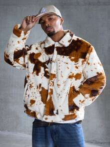 ROMWE MEN Street Life Men's Cow Print Plush Fabric Turndown Collar Jacket - Coffee Brown - View 6