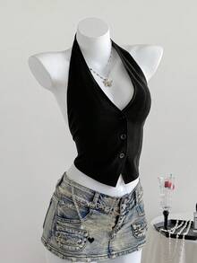 SHEIN EZwear Ladies Solid Color Sleeveless Backless Neck-Hanging Summer Top - Black - View 6