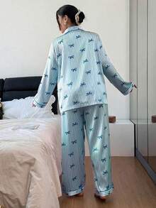 Dream Adore Women's Casual Long Sleeve Lapel Satin Pajama Set With Blue Stripes And Bow Detail - Blue - View 3