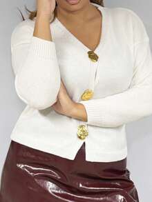 MelDlgn Shell Metal Button Solid Color Loose Knit Cardigan Winter Fall Autumn CASUAL - Apricot - View 3