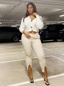 MelDlgn Plus Size Women Solid Color Split Hem Slim Fit Daily Office Pants - Apricot - View 1