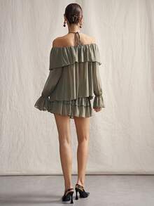 SHEIN ICON Vintage Sexy Off-Shoulder Chiffon Long Sleeve Top And Layered Cake Skirt 2-Piece Set For Women Golf Pastal Autumn - Dark Green - View 2