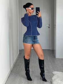 Jeanoix Women's Fashion Casual Tie-Back Long Sleeve Denim Blouse - Dark Wash - View 4