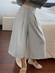 DAZY 高腰宽松阔腿裤，时尚休闲工装风七分裤，秋冬款 - 灰色 - 查看 5