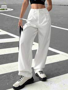 SHEIN EZwear Pantalones rectos y sueltos de color gris casual, unicolor, de talle alto y de pierna larga - Blanco - Ver 6