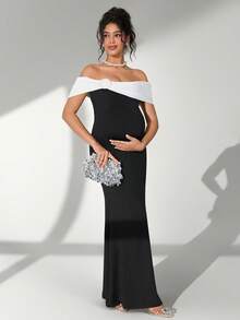 SHEIN Off-Shoulder Floral Maternity Photography Dress - Black and White - View 1