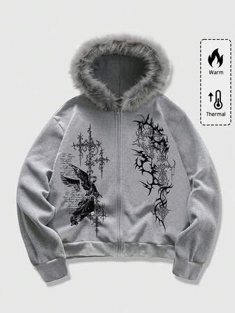 Goth Felpa con cappuccio casual e calda da uomo con stampa a croce e chiusura lampo, con colletto in pelliccia, adatta per l'autunno/inverno