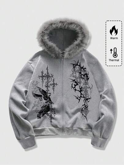 Goth Sudadera con capucha con cremallera, estampado de cruz, casual y cálida, con cuello de piel, para otoño/invierno