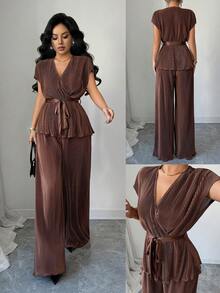 Elenzga Women's Brown V-Neck Pleated Textured Fabric Waist Tie Flared Design Elegant Blouse, Suitable For Valentine's Day, Easter, Labor Day, Birthday, Date, Party, Travel, Spring Outfit - Brown - View 1