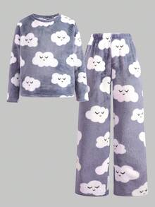 SHEIN 2pcs Tween Girls Cute Cloud Pattern Crew Neck Long Sleeve Soft Comfortable Flannel Loungewear Pajama Set, Autumn/Winter - Grey - View 9