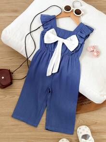 SHEIN Bộ áo liền quần tay bồng trang trí nơ, kiểu dáng thường ngày, thích hợp cho bé gái đi chơi, dự tiệc, du lịch và mặc hàng ngày vào mùa xuân/hè. - Màu xanh lam - Xem 3