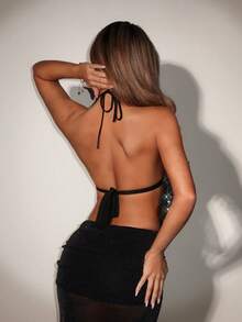 SHEIN ICON Women's Sexy New Year Club Party Birthday Black Bling Glitter Fashionable Sexy Sequin Backless Halter Top,Tank Top,Black Top