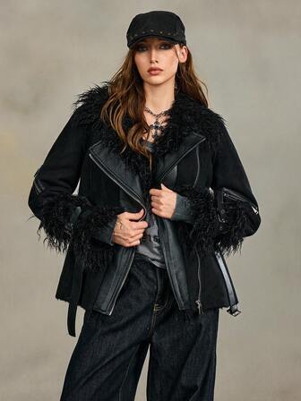 Goth Women's Fashionable Patchwork Belt Zipper Jacket, Winter