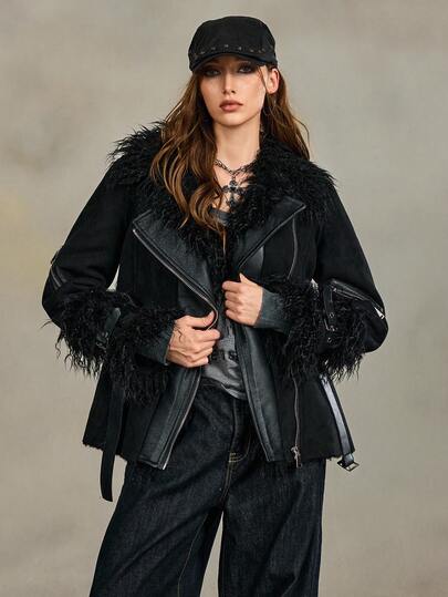 Goth Women's Fashionable Patchwork Belt Zipper Jacket, Winter