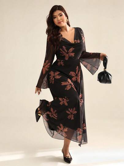 Auralis فستان طويل الأكمام بأكمام واسعة مزخرف بالأزهار البنية والسوداء، أنيق ومريح للاستخدام اليومي للمرأة البدينة في فصل الخريف والشتاء، ملابس خريفية، فستان حفلة، فستان مناسب للجسم الممتلئ