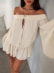 Aloruh 女士新款杏色纯色长袖雪纺迷你A字荷叶边连衣裙 - 杏色 - 查看 3