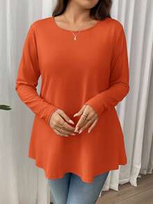 Firerie 大码优雅休闲度假宽松长袖圆领纯色基础款叠穿T恤 - 橘色 - 查看 7