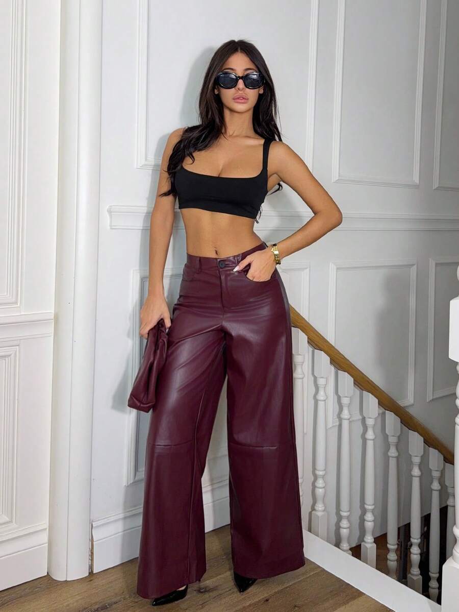 Ronhire 女士勃艮第红色皮革女裤纯色前扣简约休闲裤、日常穿着、女式下装 - 酒紅色 - 查看 1