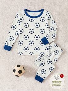 Young Boys 2 Pieces Pajama Set Soccer Ball Print Long Sleeve Top Matching Snug Fit Pants Soft And Comfortable For Autumn And Winter - Light Grey - View 2
