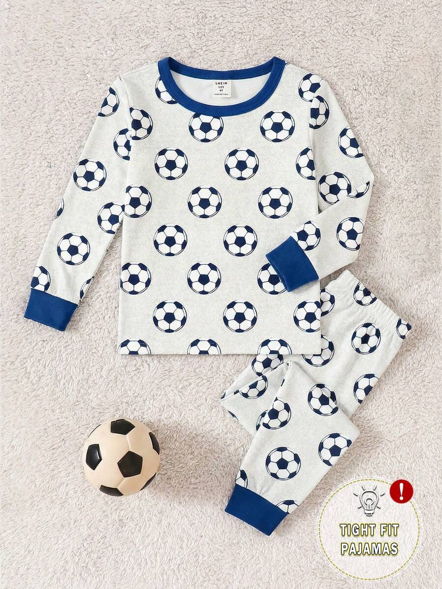 Young Boys 2 Pieces Pajama Set Soccer Ball Print Long Sleeve Top Matching Snug Fit Pants Soft And Comfortable For Autumn And Winter
