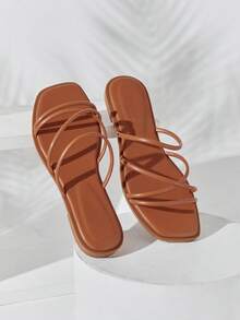 SHUZIA #SummerEssential Women's Square Toe Multi-Strap Metallic PU Gold Slide Sandals – Minimal, & Comfortable - Maroon - View 4