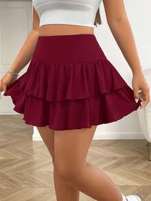 SHEIN EZwear 大码酒红色荷叶边下摆休闲A字裙，夏季 - 酒紅色 - 查看 4