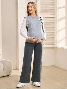 SHEIN 孕妇印花圆领长袖毛衣和纯色长裤套装 - 灰色 - 查看 5