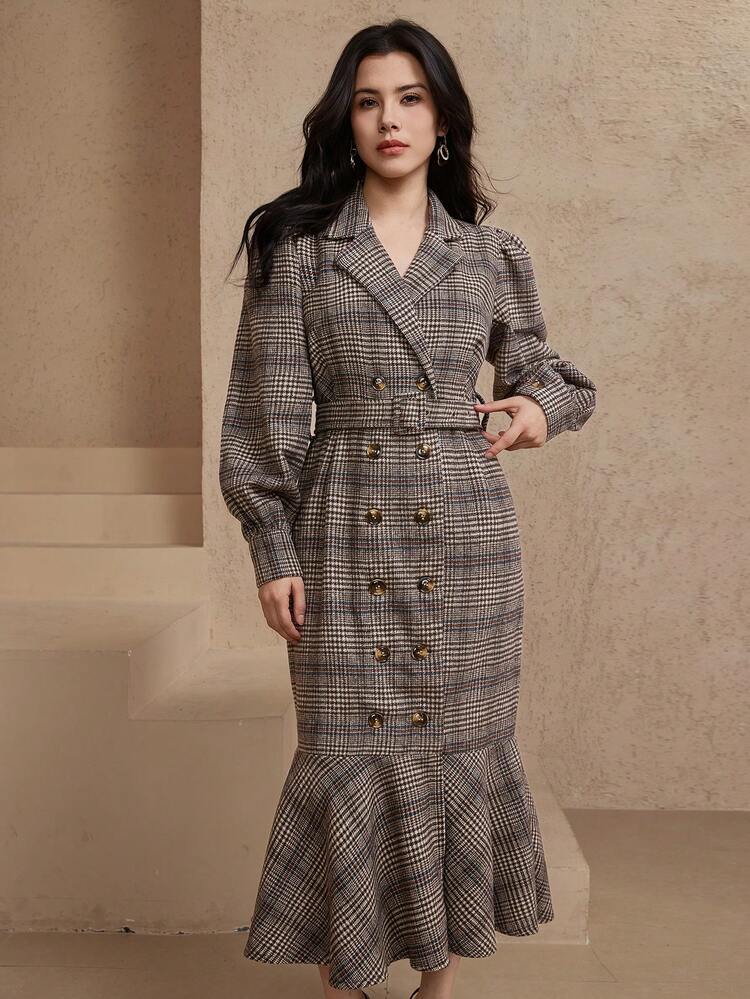 Elegant Plaid Belted Midi Dress With Lapel Collar For Women, Autumn/Winter