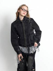 Bloopia 女士时尚通勤蕾丝拼接长袖拉链外套 - 黑色 - 查看 1