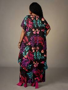 EMERY ROSE Plus Size Women Casual Floral Print Top & Pants 2 Pieces Set,Flower/Spring/Summer/Vacation - Black - View 2