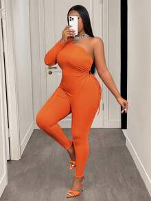 Slaydiva 春夏新款女装，秋冬女装，新款音乐节万圣节服装，女士生日礼服，日常穿着，百搭基础款，休闲款，度假款，邮轮旅行款，海滩款，日光浴款，爆款，橙色无袖长袖镂空抽绳罗纹修身街头风连体裤 - 橘色 - 查看 6