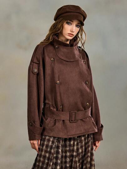 French Retro Suede Faux Fur Collar Short Double-Breasted Belted Windbreaker Jacket