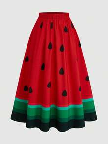 Sweetra Plus Size Colorblock All-Over Print Elastic Waist Casual Fashionable Skirt - Black - View 7