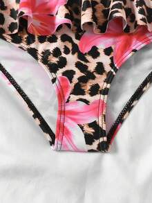 Young Girl Leopard Floral Ruffle Trim Bikini Set, Adjustable Straps, Asymmetric Neckline Swimwear, Suitable For Beach, Vacation, Summer Gift - Multicolor - View 4