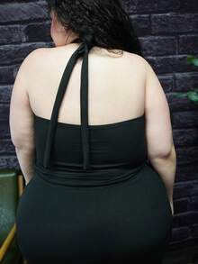 Truni Sometimesglam Plus Size Women's Fashionable Sexy Solid Color Draped Neck Backless Halter Top, For Pear Triangle Body Shape - Black - View 10