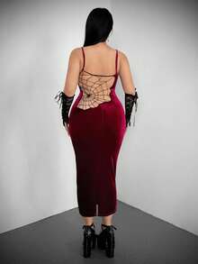 Flirla 大码女士优雅性感修身吊带连衣裙，休闲法式风格 - 酒紅色 - 查看 3