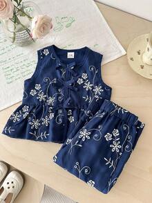 SHEIN Bộ 2 món cho bé gái, áo không tay và quần jacquard thêu hoa thời trang, thích hợp cho mùa xuân/hè, ở nhà, ngoài trời, đi nghỉ mát, dự tiệc và mặc hàng ngày. - Nhiều màu - Xem 7
