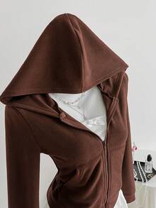 SHEIN LUNE 女士时尚休闲全拉链连帽卫衣，轻便带口袋 - 咖啡棕 - 查看 4