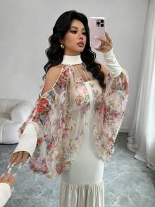 Rafferiza 女士秋冬杏色雪纺印花圆领喇叭袖高腰长款连衣裙，适合日常穿着、婚礼、正式场合、通勤、毕业派对、假日、约会、聚会、万圣节、圣诞节、新年、感恩节等场合。 - 杏色 - 查看 6