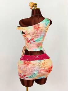 Amplova Wild Animal & Floral Print Asymmetrical Shoulder Cropped T-Shirt + Sequin Waist Bodycon Mini Skirt, Women 2-Piece Set - Multicolor - View 8