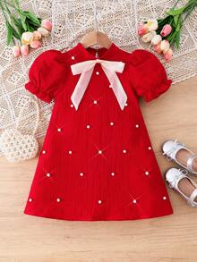 SHEIN 年轻女孩时尚优雅修身珍珠装饰泡泡袖A字编织纹理纯色连衣裙 - 紅色 - 查看 2