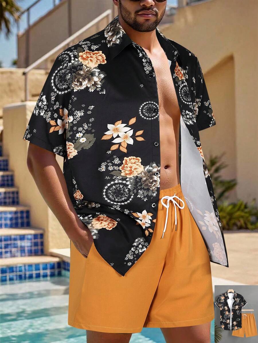 Manfinity Swimmode 男士印花短袖衬衫和纯色短裤套装 - 彩色 - 查看 1