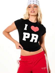 SUMWON WOMEN Slogan Graphic Baby Tee Short Sleeve Crop Top With Heart Print And Letter Design - Black - View 1