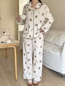 SHEIN Leap Crew 少女编织熊印花领口袋长袖衬衫和裤子休闲睡衣套装 - 杏色 - 查看 4
