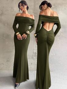 Firerie 藏蓝色露肩褶皱露背性感修身美人鱼长裙，优雅、通勤、性感、度假、海滩、波西米亚风、夏威夷风情、音乐节、浪漫、约会、派对、婚礼季、毕业典礼、舞会、演出、演唱会、工作装、返校季、女士生日礼服 - 橄欖綠 - 查看 1