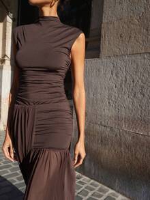 SHEIN X LOS FAVORITOS DE ANA GONZALEZ Maija Đầm nữ màu nâu mocha xếp lớp, phối lưới, kiểu dáng thời trang, thanh lịch, thích hợp cho tiệc tùng và đi làm trong thành phố, ra mắt mùa hè 2025. - màu nâu - Xem 11