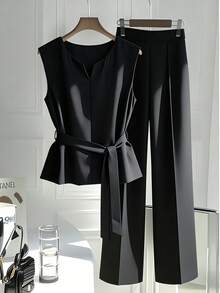 Franclia New Women's Casual Retro Waist-Cinching 2 Pieces Set