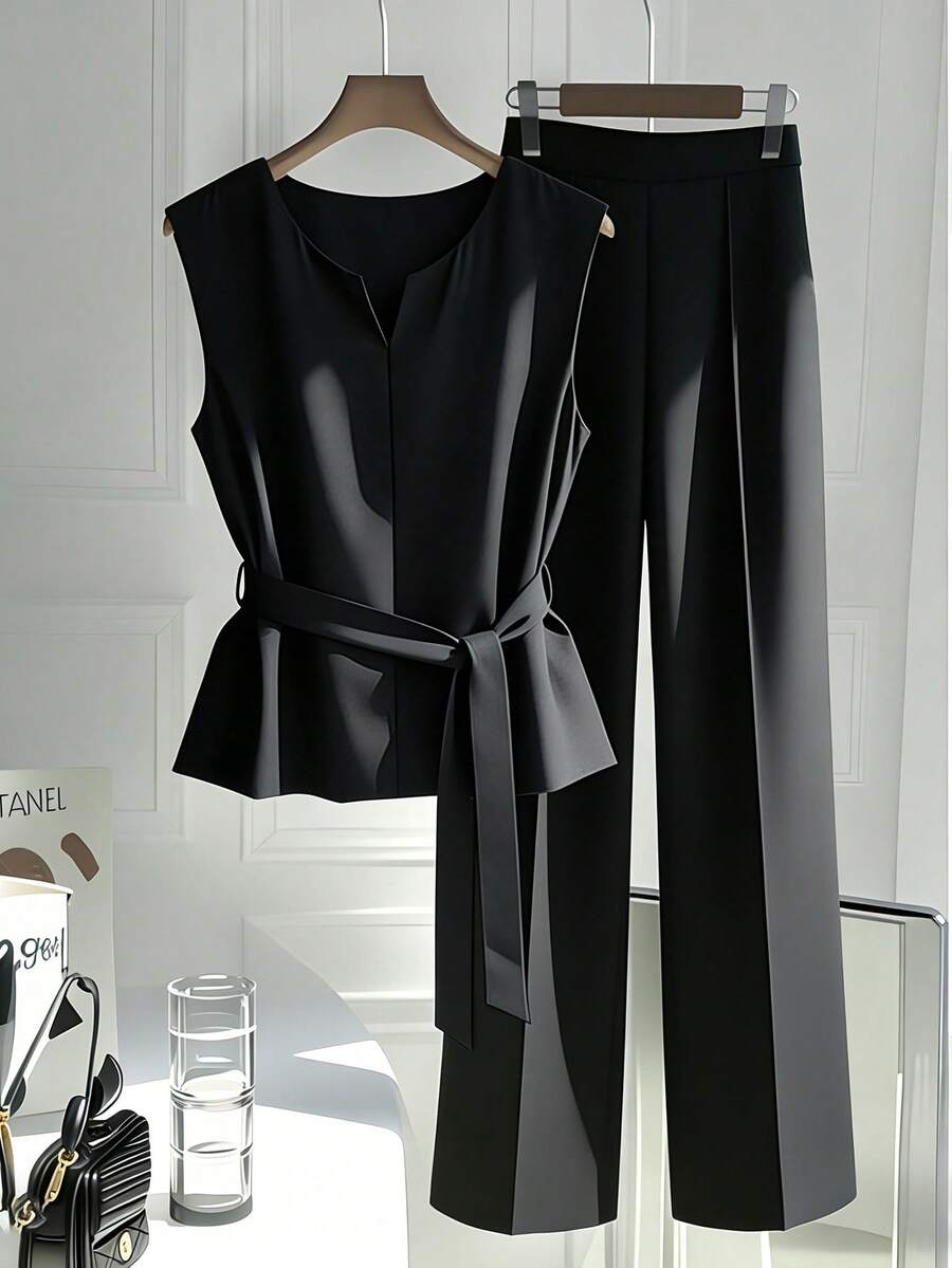 Franclia New Women's Casual Retro Waist-Cinching 2 Pieces Set